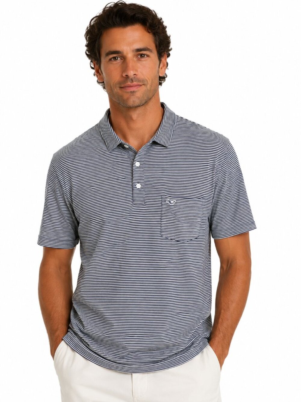 Vineyard Vines Edgartown Polo Shirt Size XXL Blue White Stripe Pocket Whale Logo